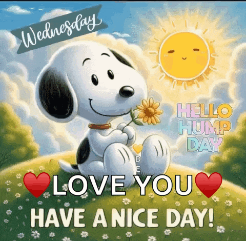 snoopy is holding a flower in his hands and says `` love you have a nice day '' .