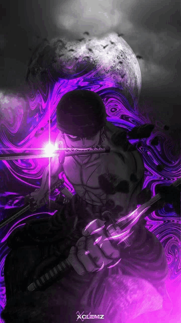 a man holding a sword with a purple background that says xclemz on it