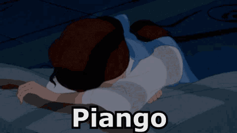 a cartoon character from beauty and the beast is laying on a bed with the word piango above her .