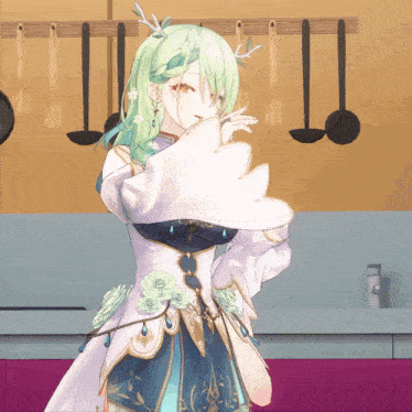 a girl with green hair is standing in front of a wall with ladles hanging on it