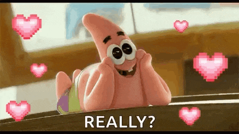 patrick star from spongebob squarepants is surrounded by pink hearts .