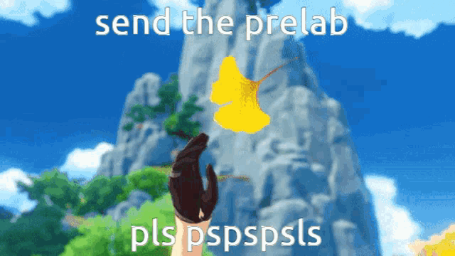 a person is holding a yellow flower in front of a mountain with the words " send the prelab pls pspspsls "