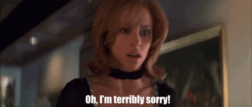 a woman says " oh i 'm terribly sorry " in front of a framed picture