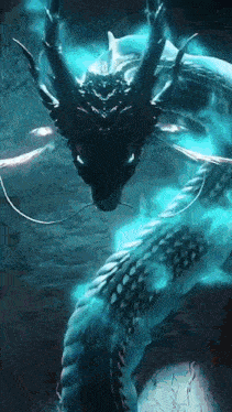 a dragon with a long tail and horns is surrounded by a blue glow .