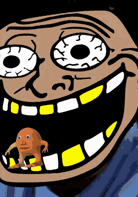 a cartoon drawing of a troll face with a small orange face in his mouth