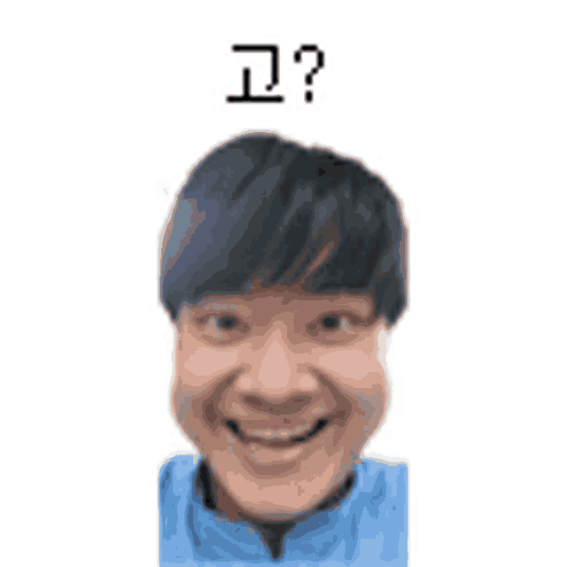 a man in a blue shirt is smiling and making a funny face with a question mark above his head .