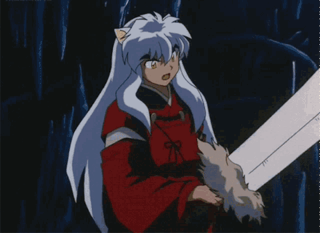 a cartoon character with long white hair is holding a sword in his hand