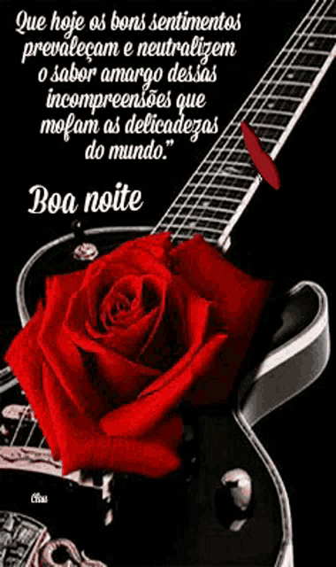 a red rose sitting on top of a guitar with a message in portuguese