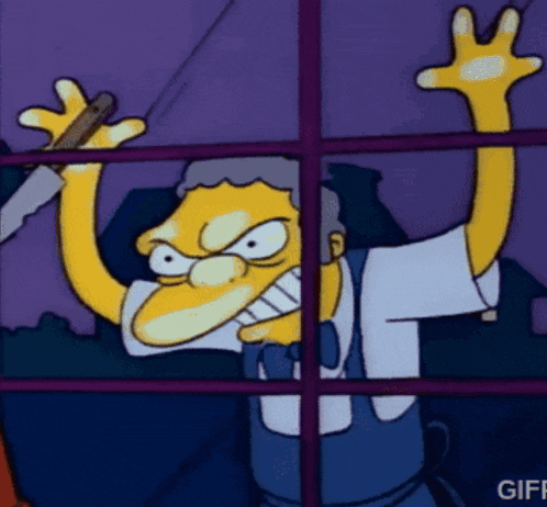 a cartoon character with a knife in his hand is looking out a window