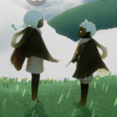a painting of two children holding hands in a field