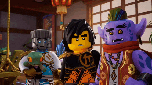 a group of lego figures are standing in a room