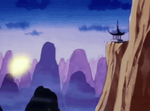 a cartoon landscape with mountains and a pagoda in the foreground