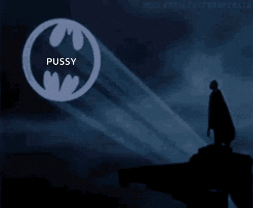 a silhouette of a man standing in front of a batman logo that says pussy on it