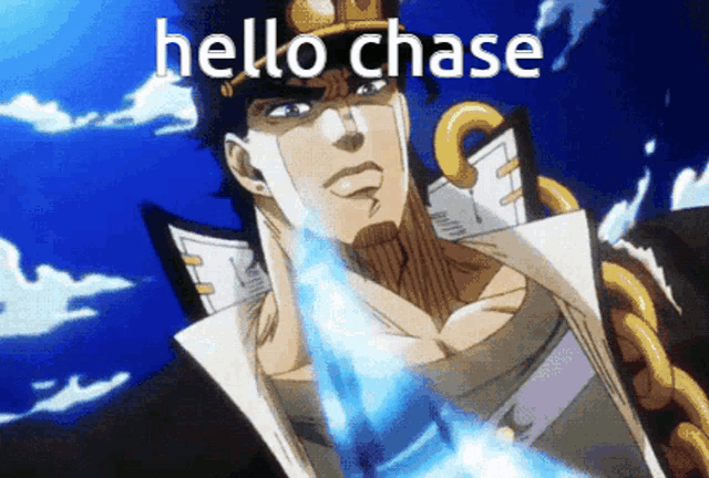 jotaro kujo from jojo 's bizarre adventure says hello chase while holding a sword