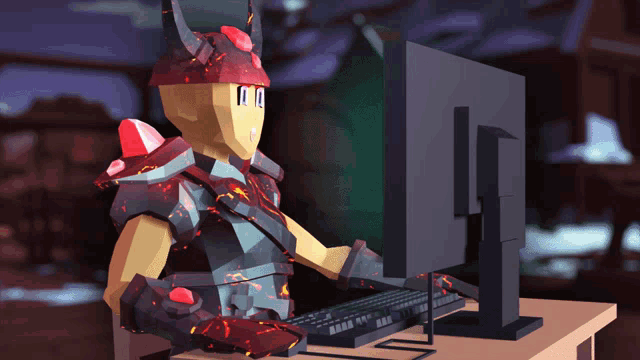 a cartoon character with horns is sitting in front of a computer screen