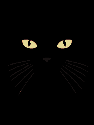 a black cat with yellow eyes and a pink tongue sticking out on a black background .