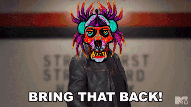 a person with a colorful mask and the words bring that back on the bottom