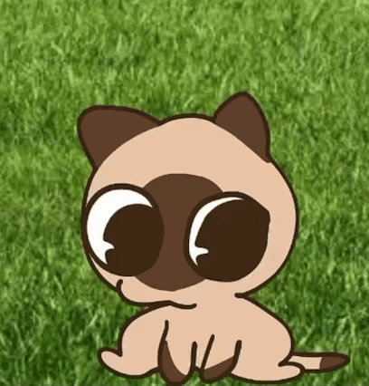 a cartoon cat with big eyes is sitting on the grass