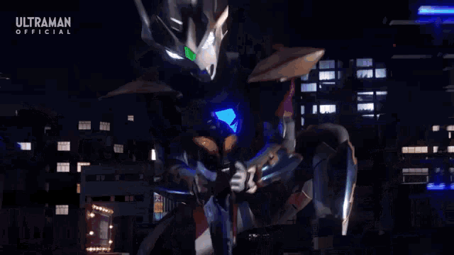 a cartoon character is flying through the air in front of a building with a lot of lights coming out of it .