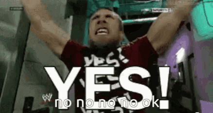 a man with his arms in the air and the words yes no no no ok