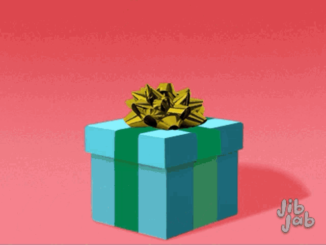 a blue and green gift box with a yellow bow and jib jab written on the bottom