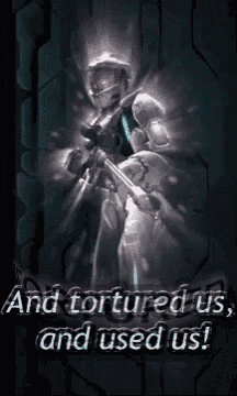 a video game character is holding a gun with the words and tortured us and used us below him