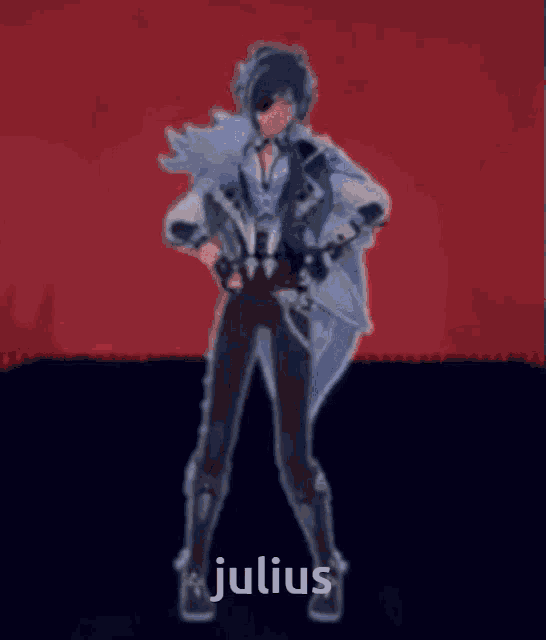 a cartoon character is standing in front of a red background and the word julius is on the bottom of the image .