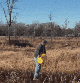a man is holding a yellow frisbee in a field