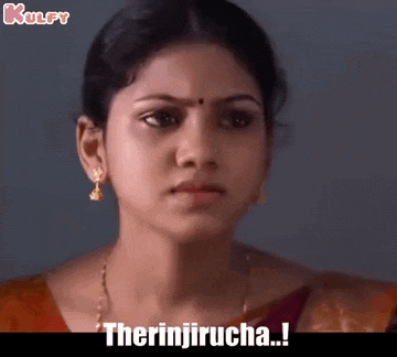 a close up of a woman 's face with a caption that says " therinjirucha ! "