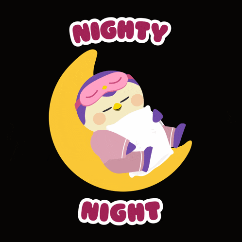 an illustration of a penguin sleeping on a crescent moon with the words nighty night above it