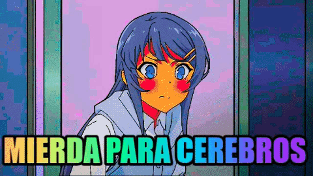 a pixel art drawing of a girl with the words mierda para cerebros below her