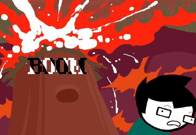 a cartoon drawing of a volcano with the word boom written on it