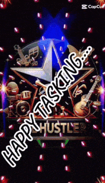 a happy tasking greeting card with a star and musical instruments