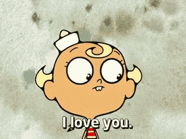 a cartoon character says " i love you " with a big smile on his face