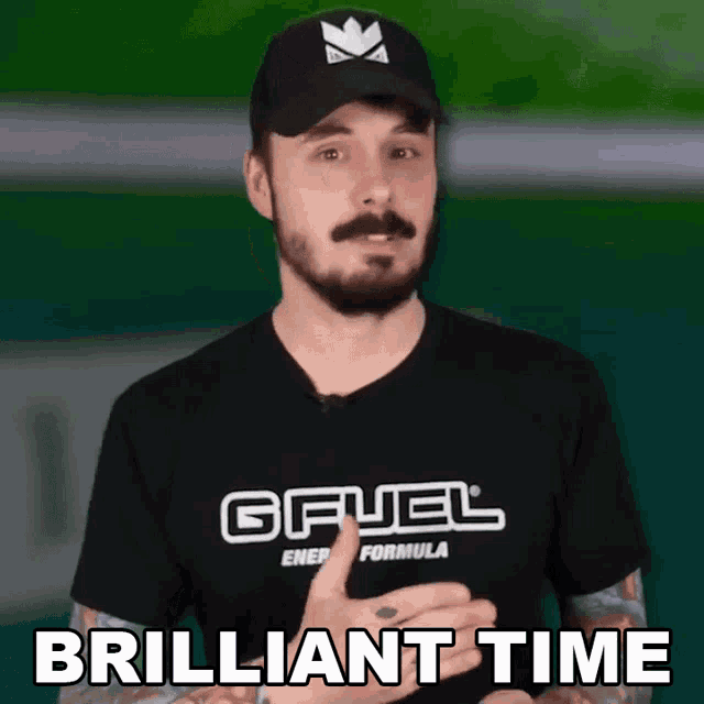 a man wearing a black gfuel energy formula shirt