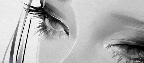 a black and white painting of a woman 's eye with a reflection of a tree in it