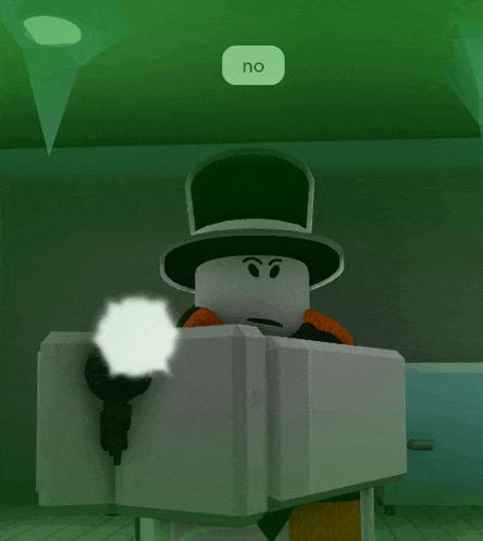 a cartoon character wearing a top hat and holding a gun has a no button above him