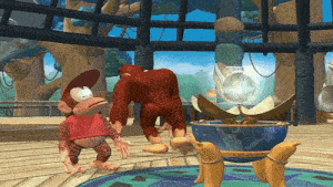 a monkey and a dog are standing in front of a fountain in a video game