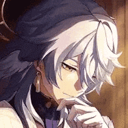 a close up of a person with long white hair wearing a hat and earrings .