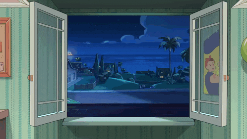 an open window shows a view of the ocean