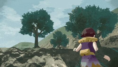 a cartoon character is running in a field with trees