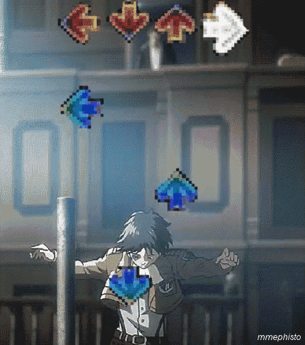 a pixel art of a man dancing with arrows pointing to different directions