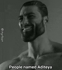 a shirtless man with a beard is smiling and saying people named aditya .