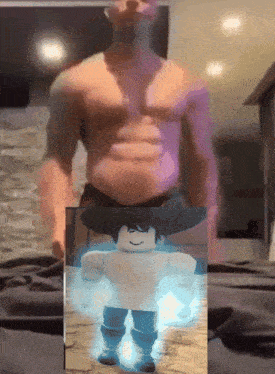 a man without a shirt has a picture of a roblox character on his chest