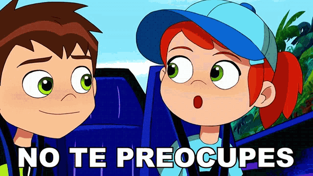 a boy and a girl are standing next to each other with the words no te preocupas written below them