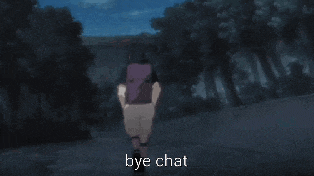 a person is walking down a path with the words bye chat written on the bottom