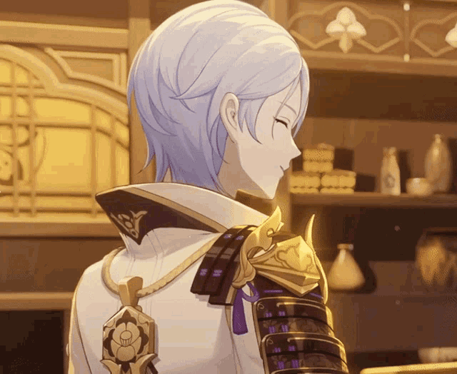 a drawing of a man with blue hair and a purple flower on his shoulder