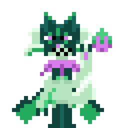 a pixel art drawing of a green and purple monster with a cross on its head .
