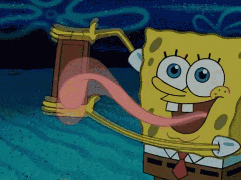 a cartoon character named spongebob has a long pink tongue sticking out
