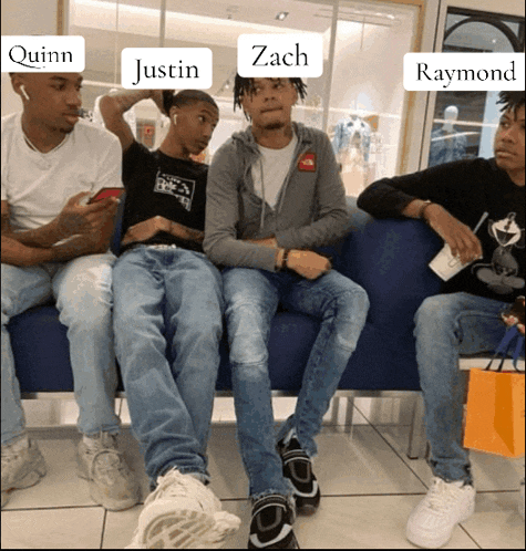 a group of young men are sitting on a blue couch with the names quinn justin zach and raymond written on them